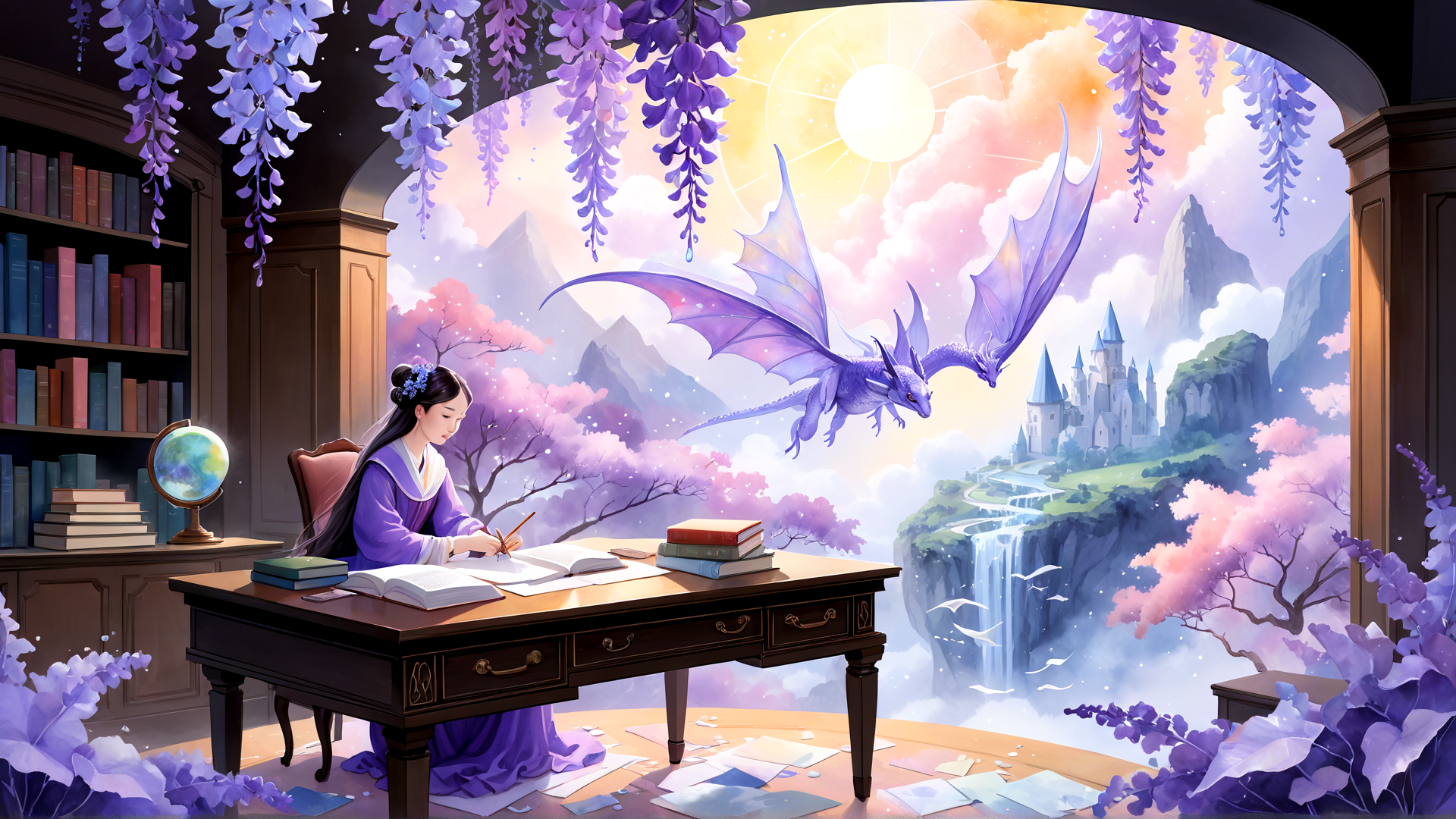 AI generated wallpaper featuring woman, dragon, book, globe, tree, castle, mountain, sun, paper, bookshelf