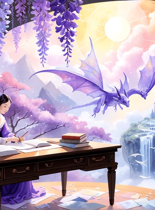 woman, dragon, book, globe, tree, castle, mountain, sun, paper, bookshelf