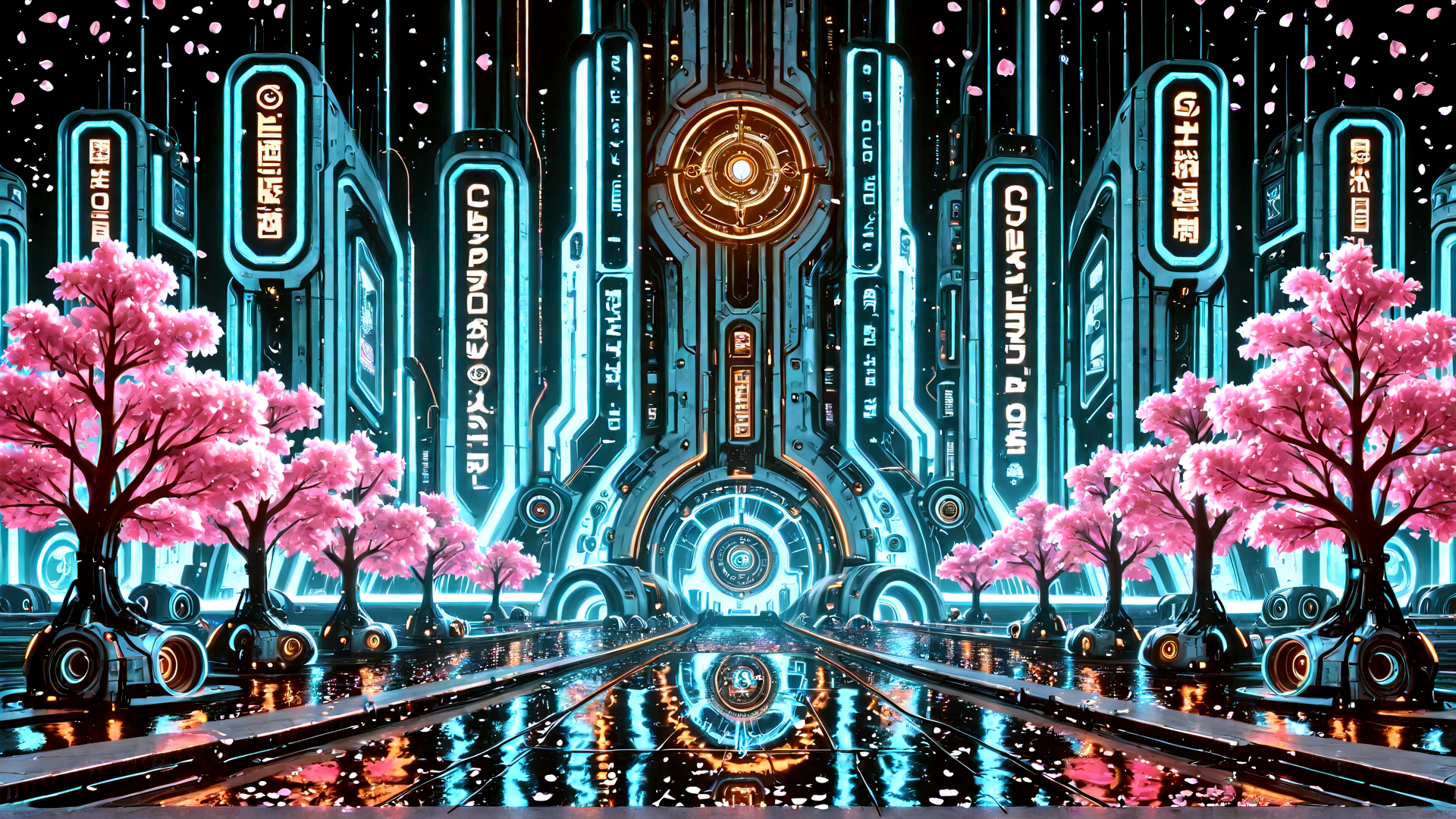 AI generated wallpaper featuring cherry blossom trees, neon buildings, futuristic city, giant structures, reflected pathway, cyberpunk, digital art, sci-fi architecture, sakura, glowing signs
