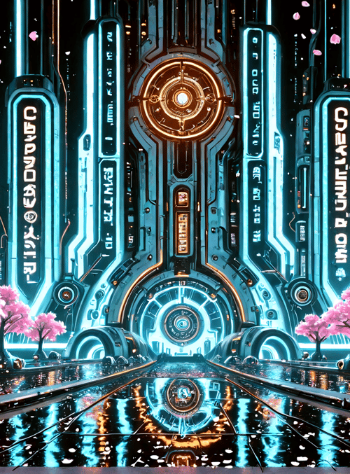 cherry blossom trees, neon buildings, futuristic city, giant structures, reflected pathway, cyberpunk, digital art, sci-fi architecture, sakura, glowing signs