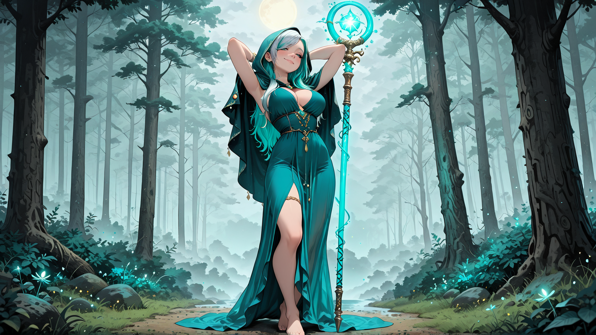 AI generated wallpaper featuring witch, forest, staff, moon, trees, dress, magic, fairy, goddess, nature