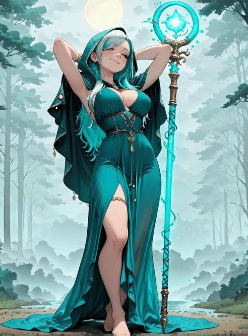 witch, forest, staff, moon, trees, dress, magic, fairy, goddess, nature