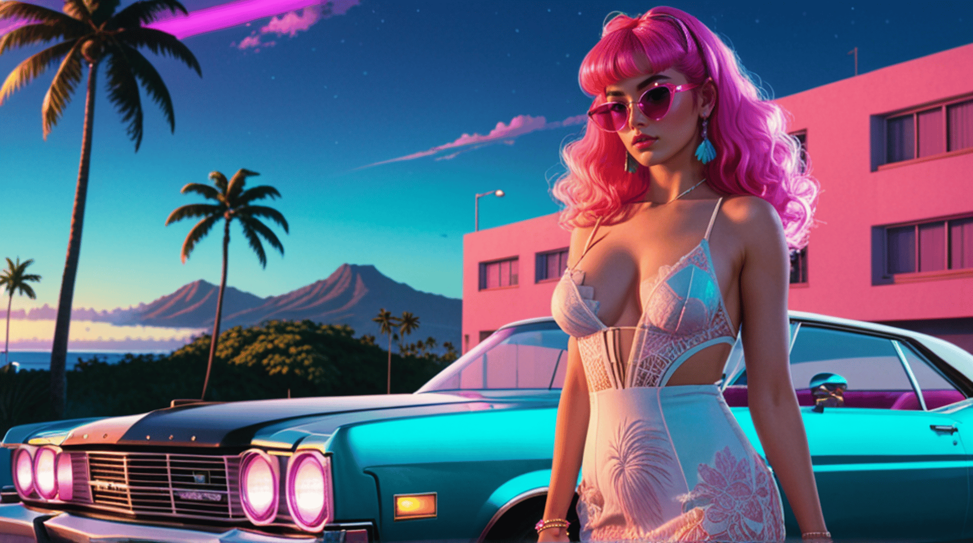 AI generated wallpaper featuring woman, car, palm tree