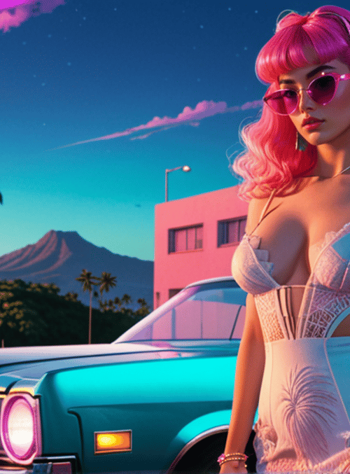 woman, car, palm tree