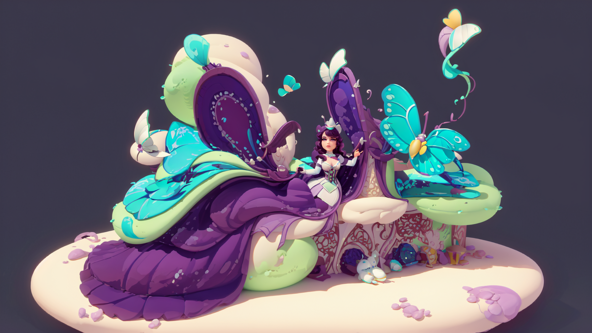 AI generated wallpaper featuring fairy, butterfly, giant, mushroom, crown