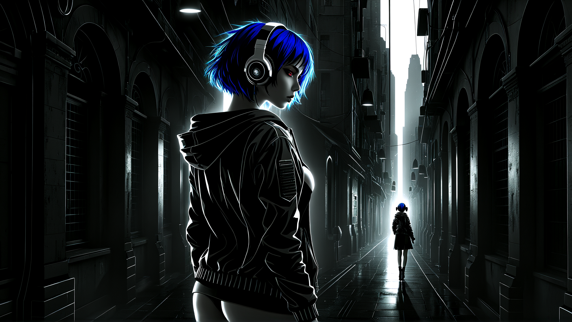 AI generated wallpaper featuring woman, street, city, alley, headphones, building