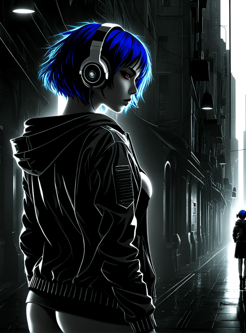 woman, street, city, alley, headphones, building
