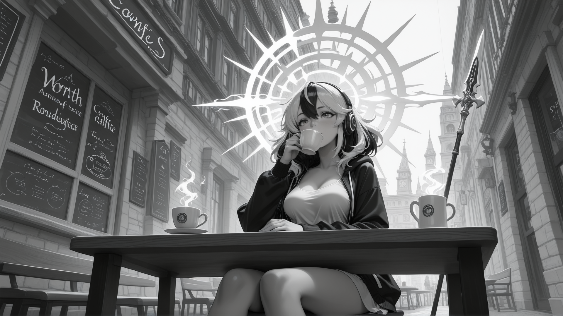 AI generated wallpaper featuring girl, cafe, solar, sword