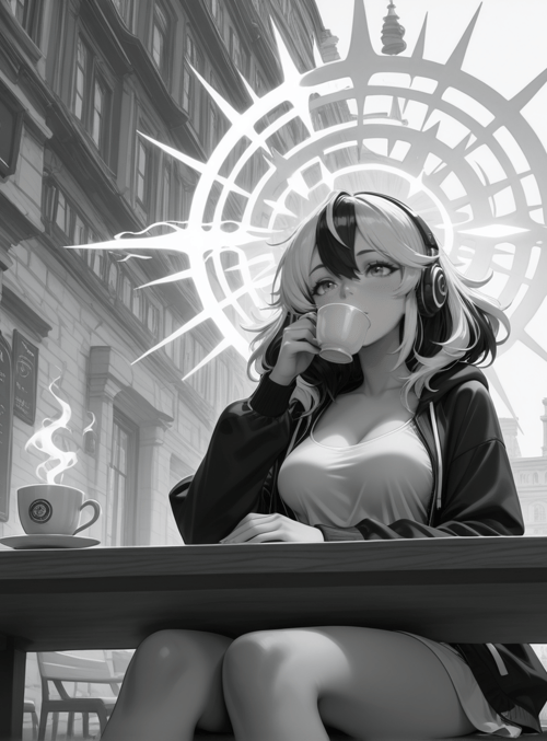 girl, cafe, solar, sword