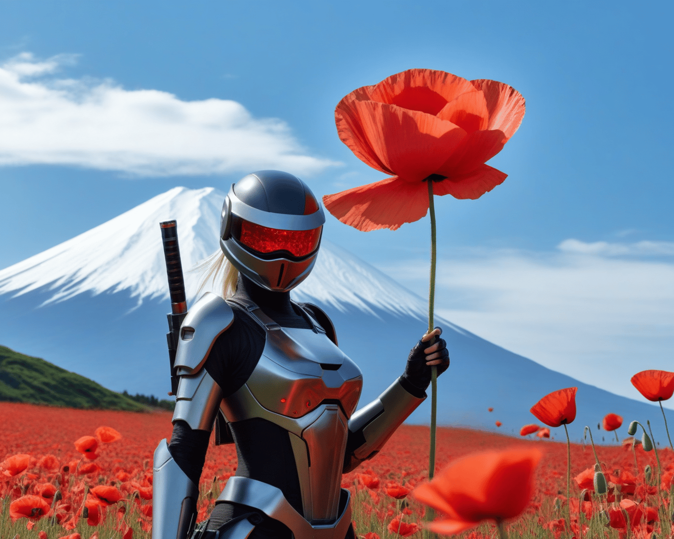 AI generated wallpaper featuring cyborg, poppy, mountain