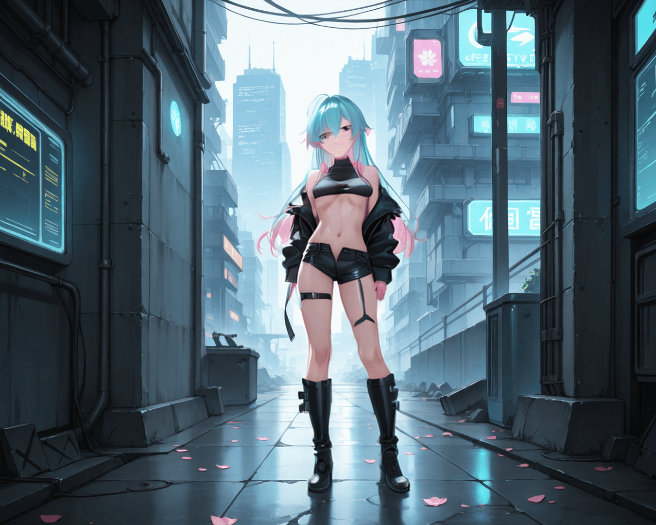 AI generated wallpaper featuring cyberpunk girl, anime character, urban explorer