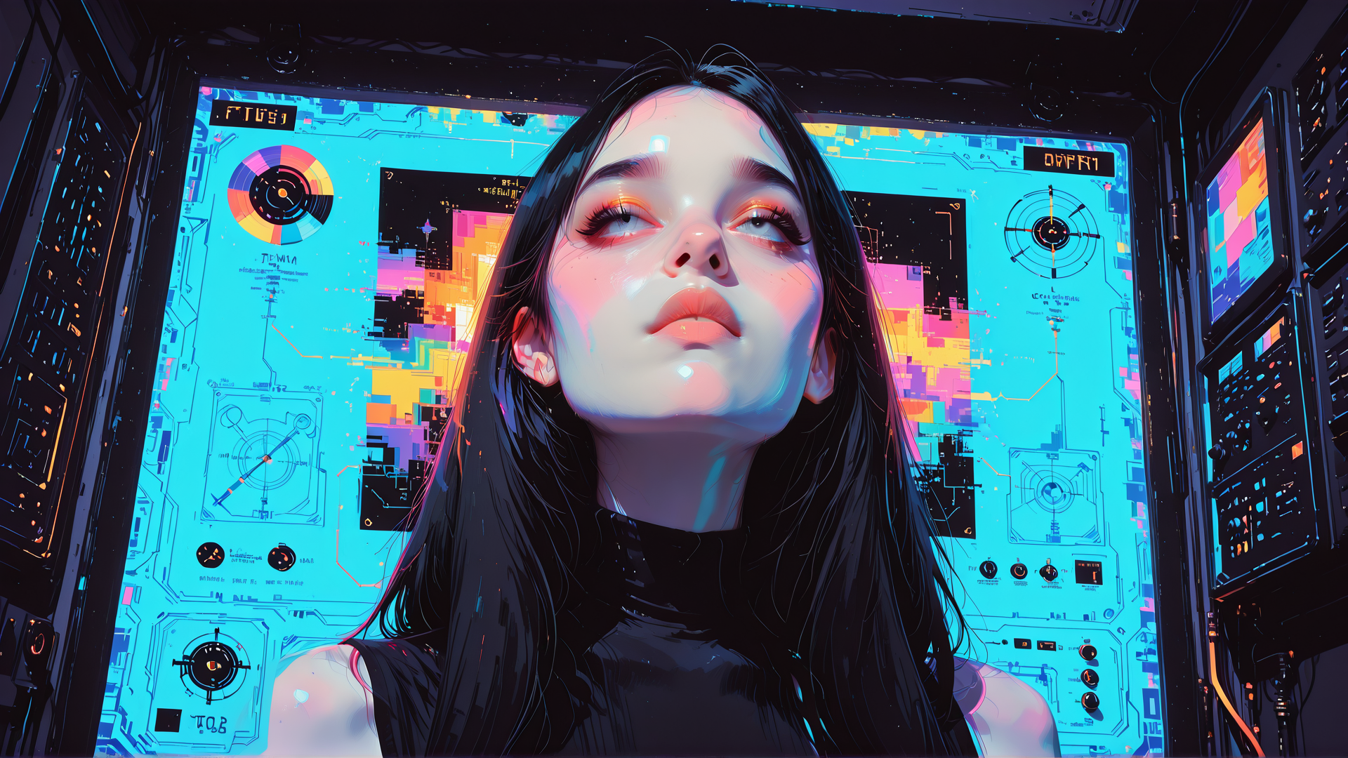 AI generated wallpaper featuring woman, monitor, screen, circuit