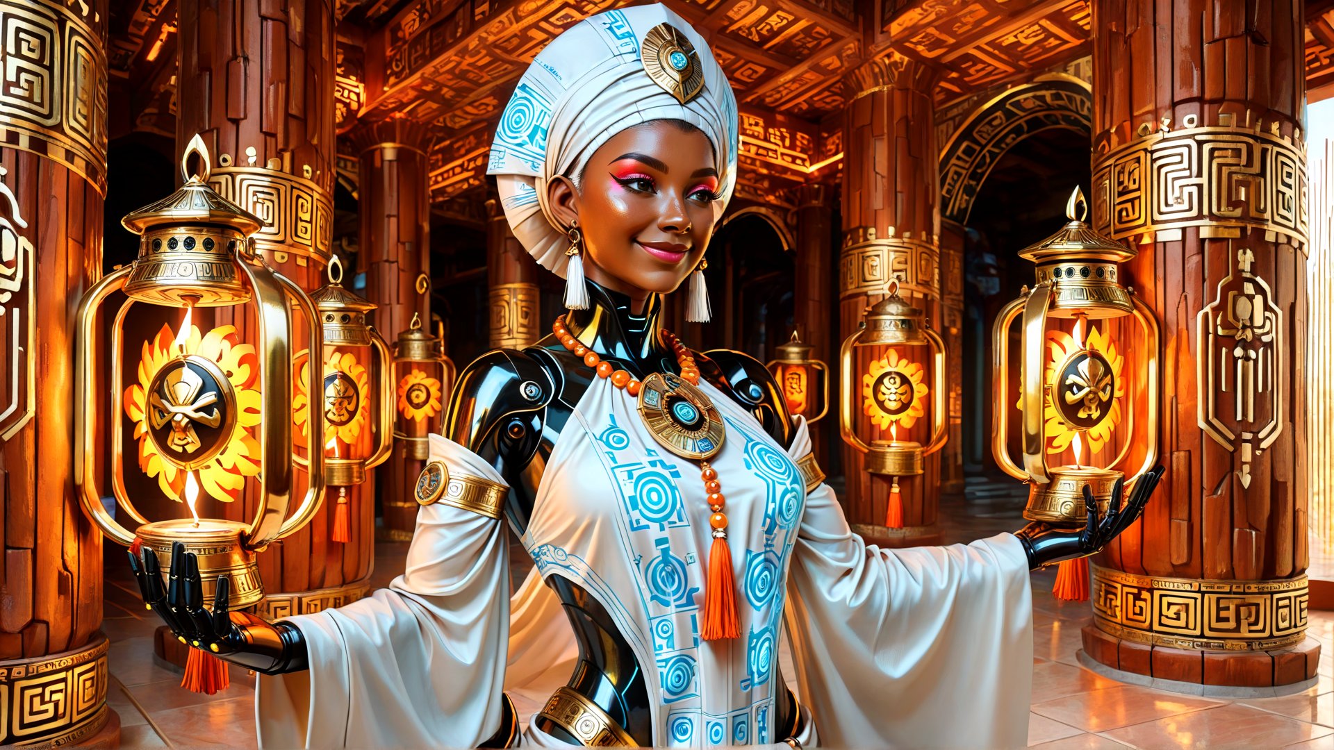 AI generated wallpaper featuring woman, robot, lantern, column, headdress, necklace, gloves, robe, mandala, symbol