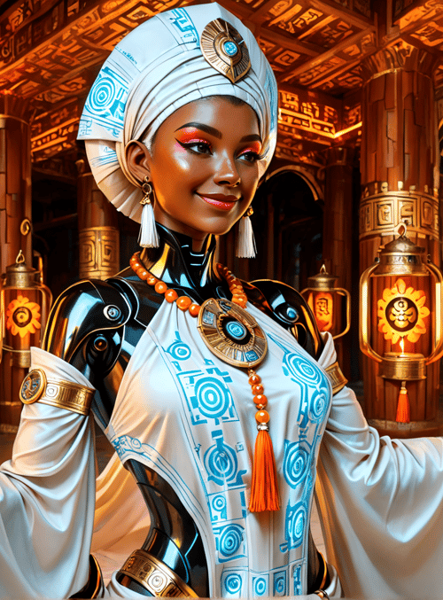 woman, robot, lantern, column, headdress, necklace, gloves, robe, mandala, symbol