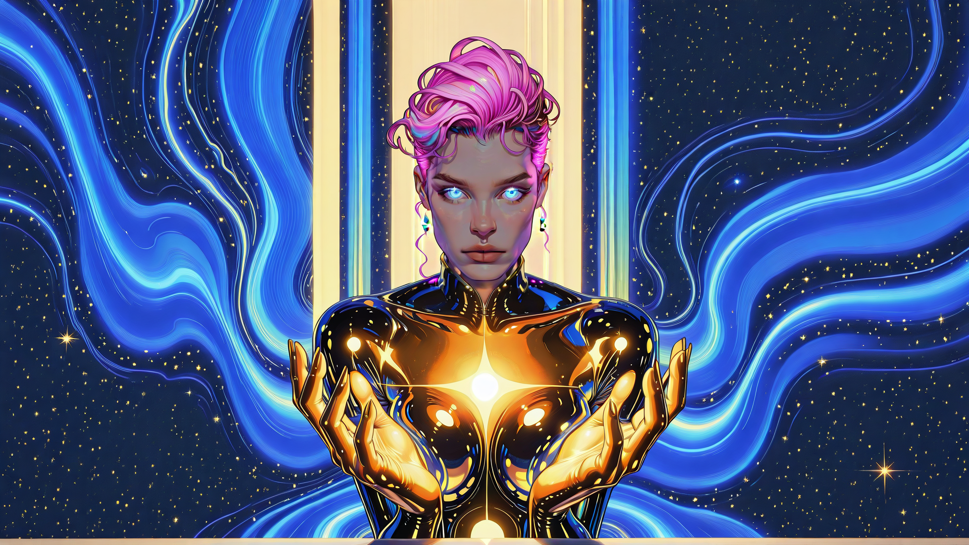 AI generated wallpaper featuring woman, hands, hair, stars, galaxy, light, soul, space, cosmic, glow
