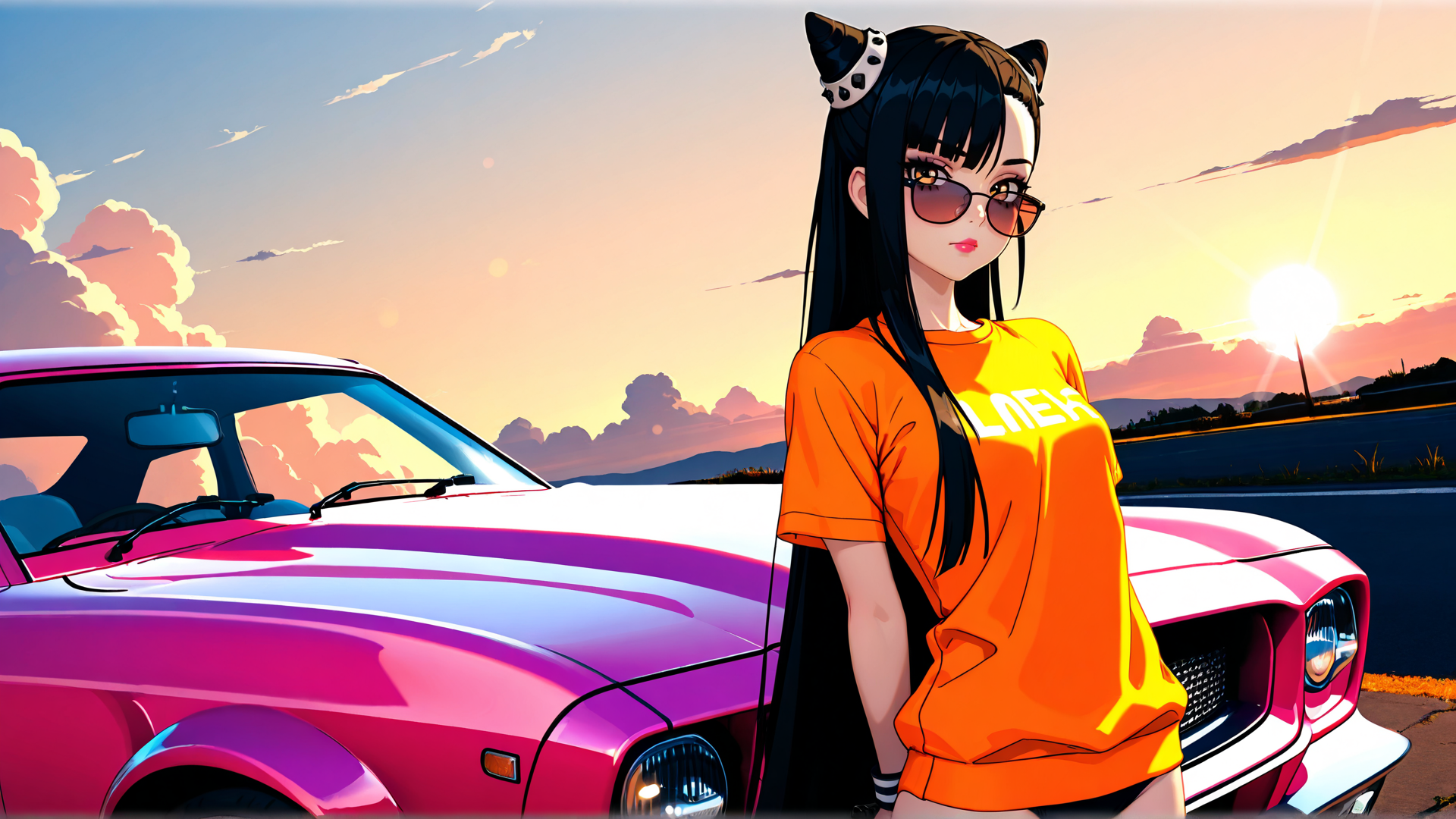 AI generated wallpaper featuring girl, car, sunglasses, cat ears, t-shirt