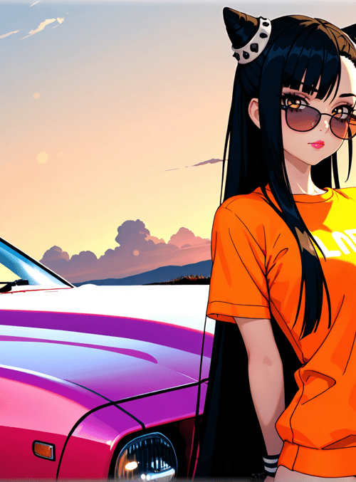 girl, car, sunglasses, cat ears, t-shirt