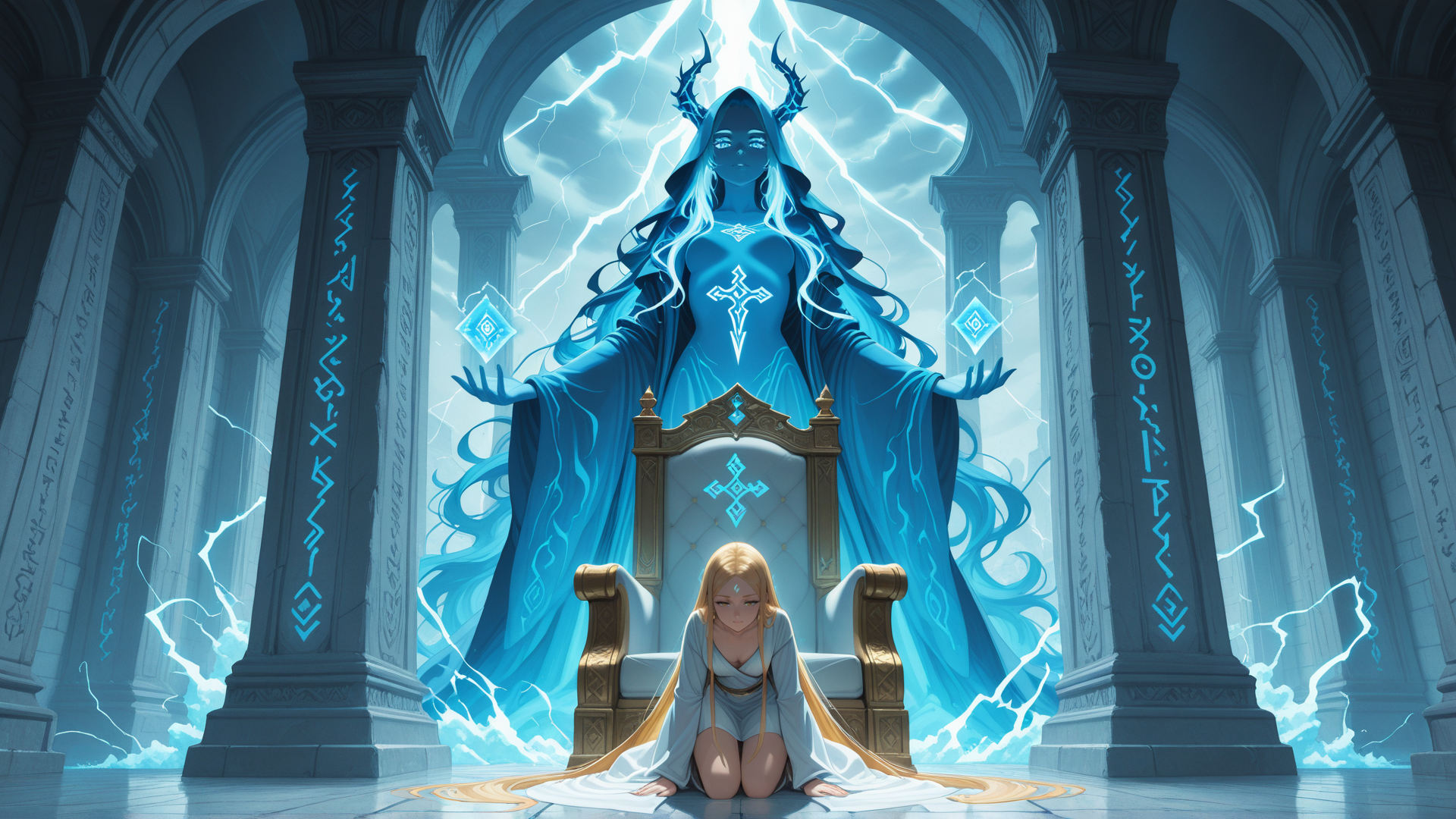 AI generated wallpaper featuring goddess, princess, throne, cathedral, lightning, runes, armor, blue, arches, headdress