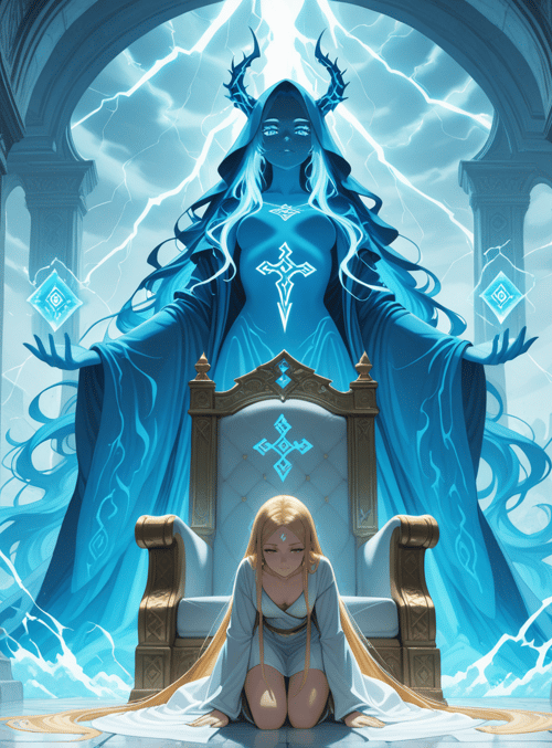 goddess, princess, throne, cathedral, lightning, runes, armor, blue, arches, headdress