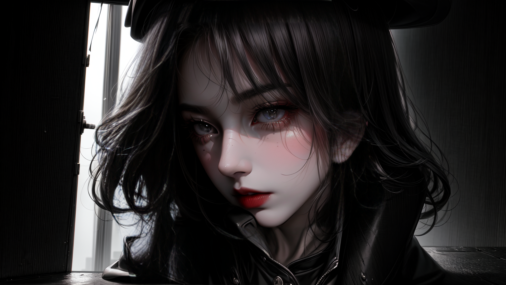 AI generated wallpaper featuring woman, hat, jacket