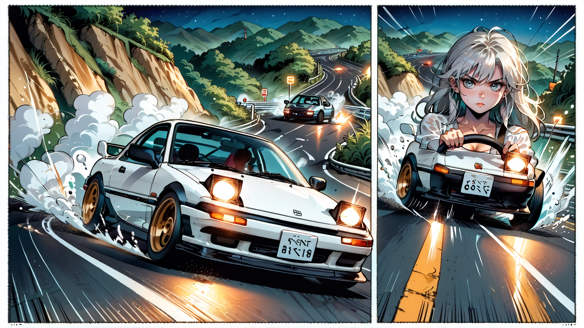 AI generated wallpaper featuring car, road, girl, mountains, speed, drift, license plate, tire, light, smoke