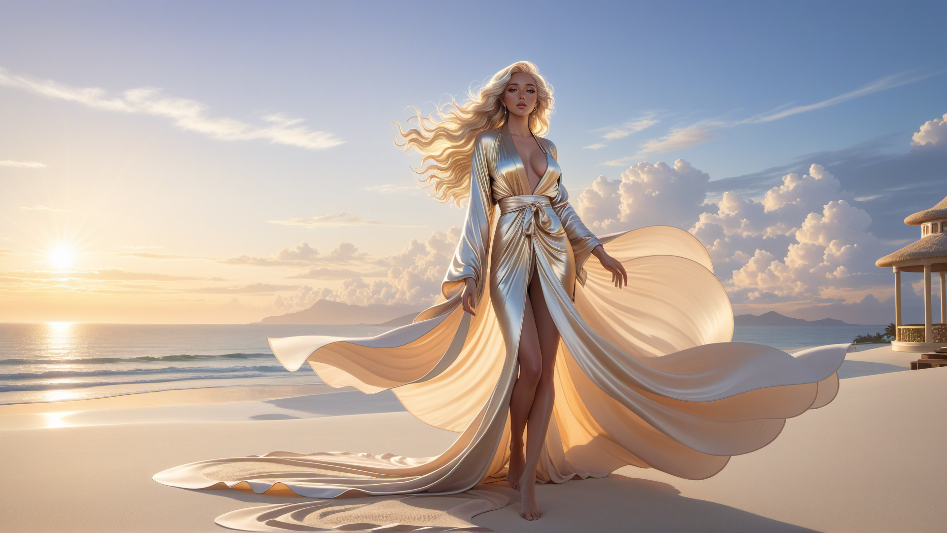 AI generated wallpaper featuring woman, beach, dress