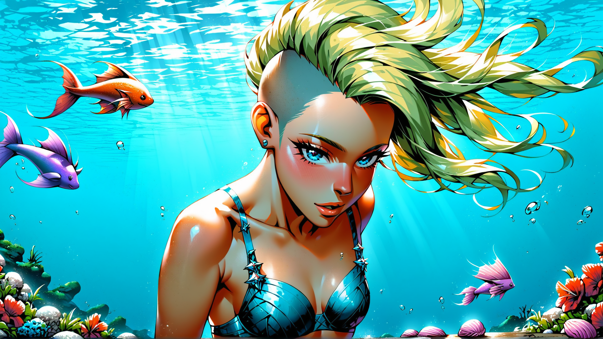 AI generated wallpaper featuring mermaid, fish, underwater, coral, seaweed, swimsuit, hair, sunset, marine, water