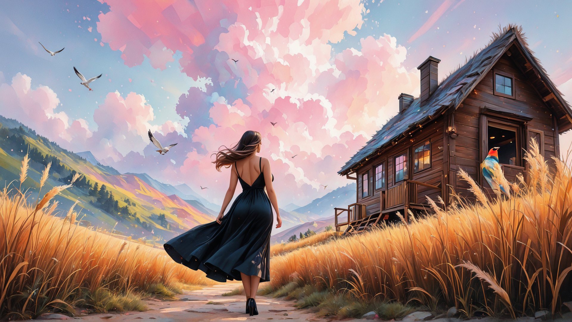 AI generated wallpaper featuring woman, house, birds