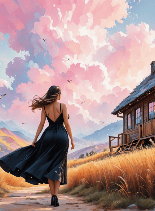 woman, house, birds