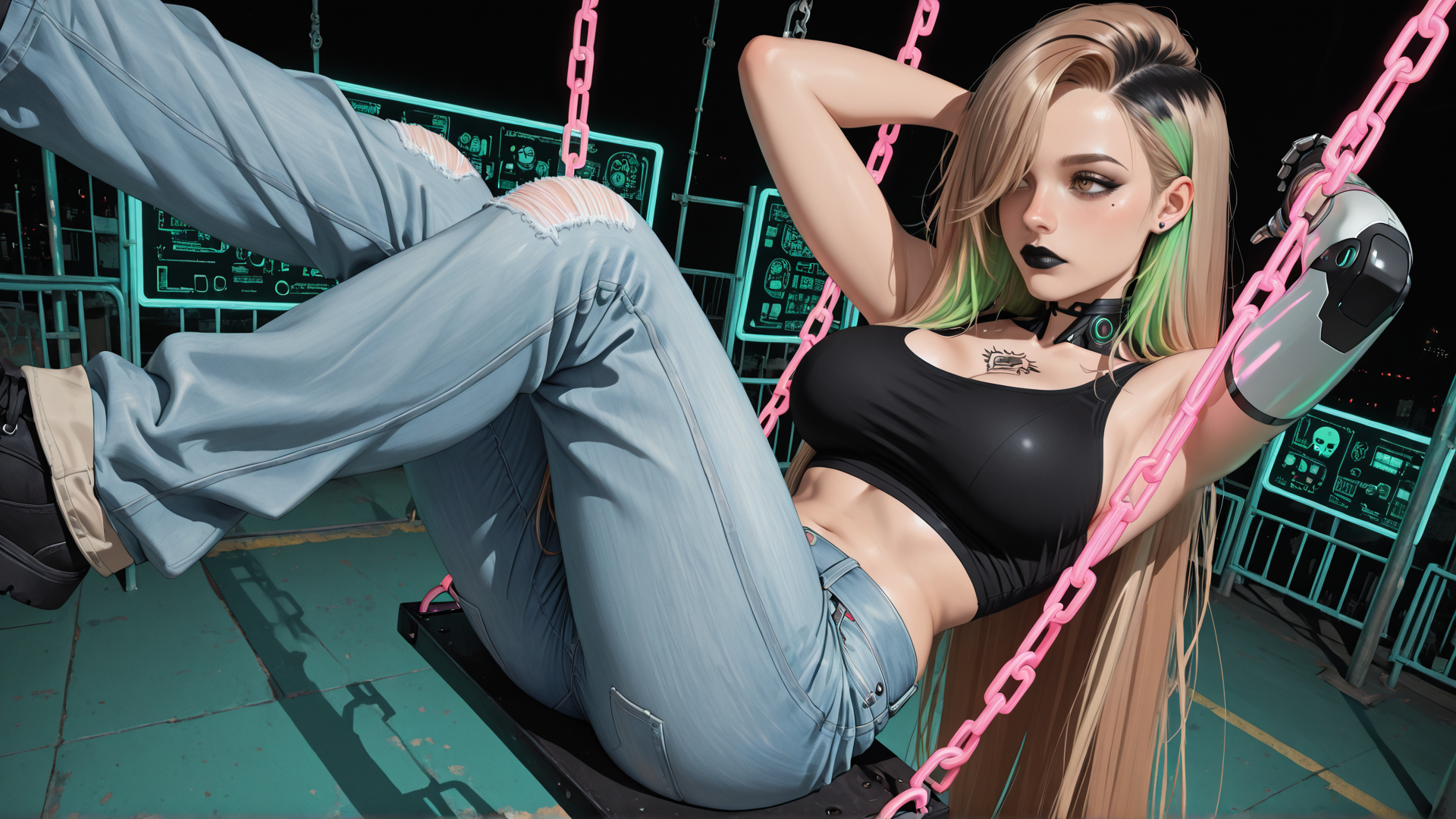 AI generated wallpaper featuring woman, robot, chain, jeans, tank top, cyberpunk, swinging, goggles, tattoo, neon