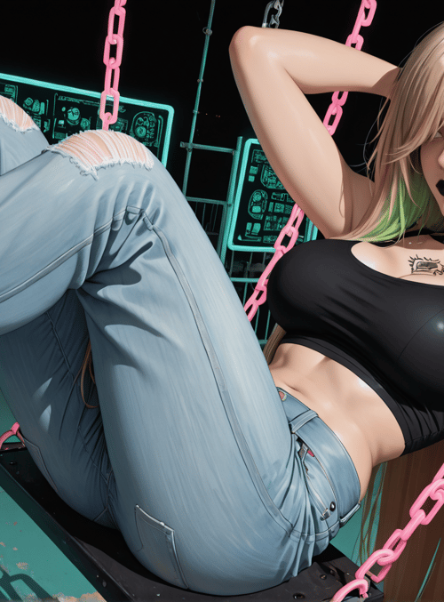 woman, robot, chain, jeans, tank top, cyberpunk, swinging, goggles, tattoo, neon