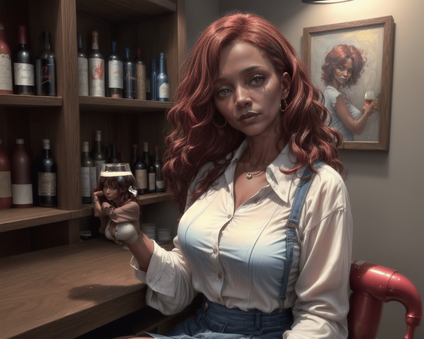 AI generated wallpaper featuring woman, bar, bottles