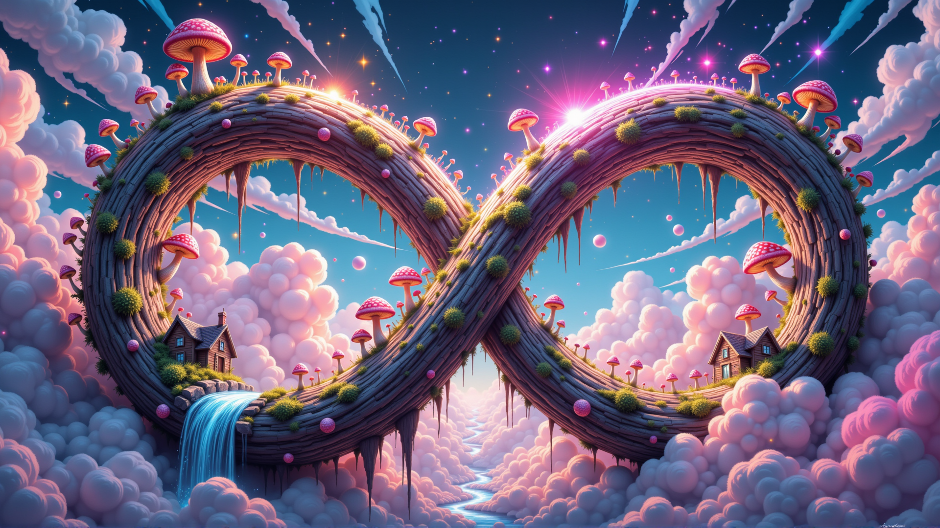 AI generated wallpaper featuring infinity symbol, mushrooms, house, clouds, waterfall