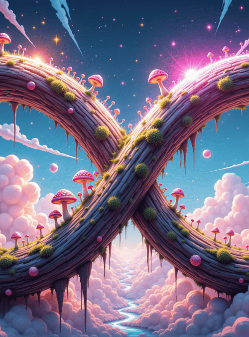 infinity symbol, mushrooms, house, clouds, waterfall