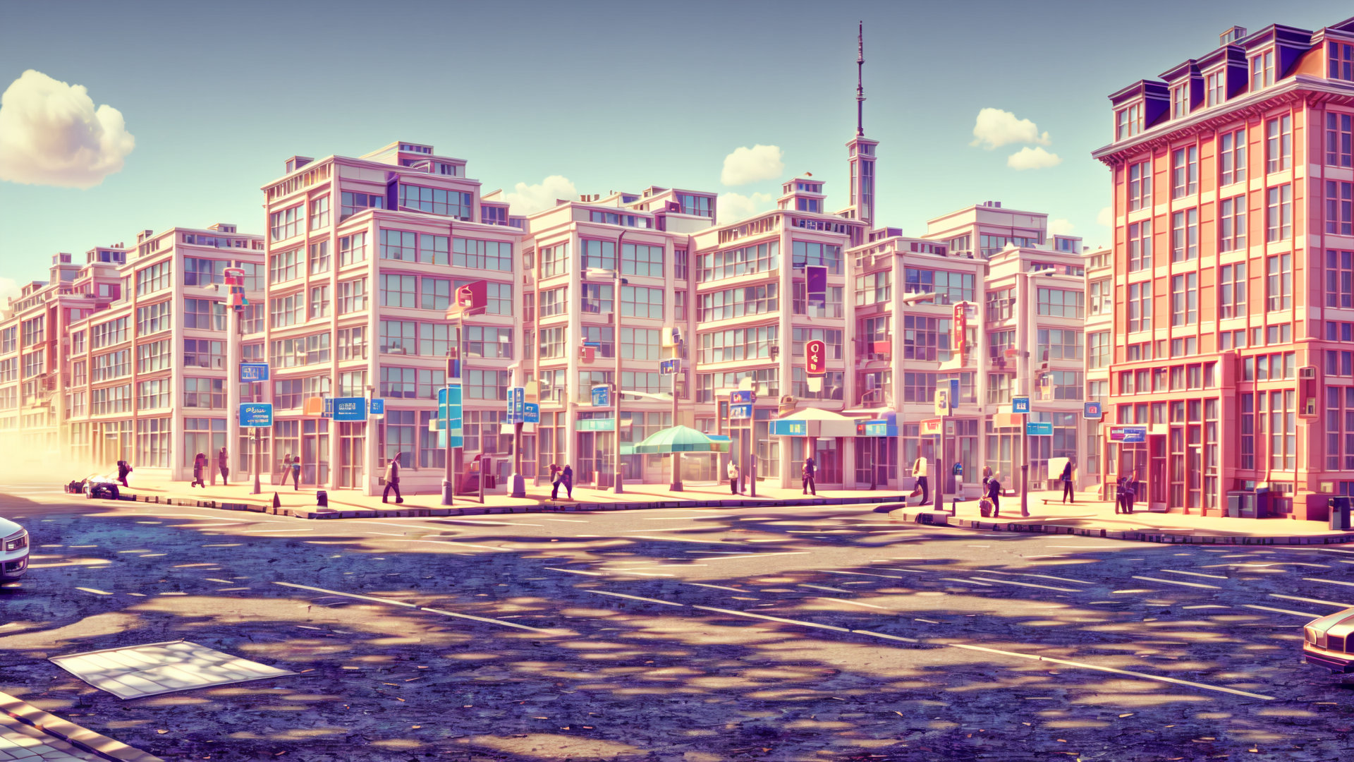 AI generated wallpaper featuring city, buildings, street, pedestrians, cars, traffic lights, signs, sky, clouds, umbrella