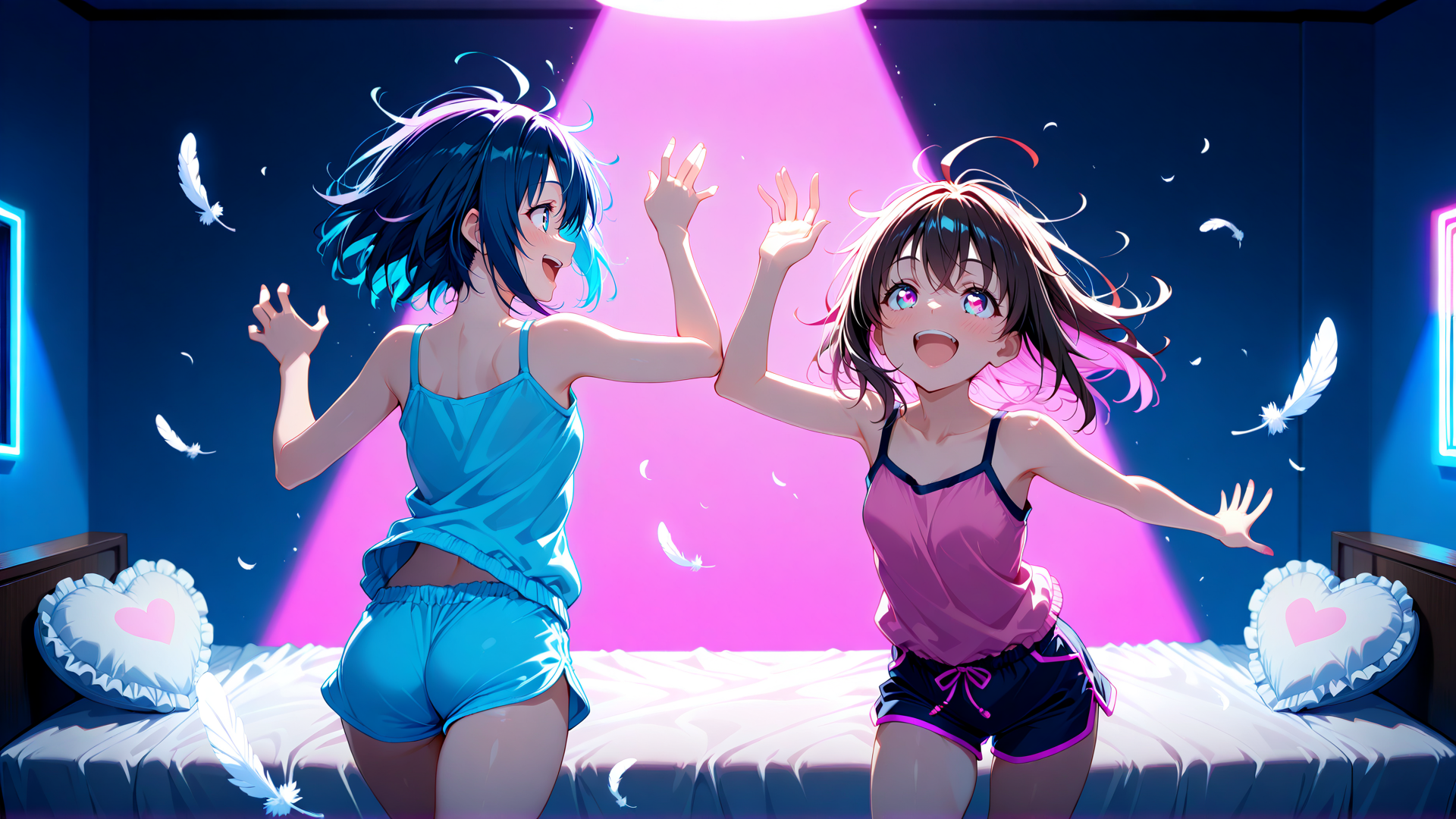 AI generated wallpaper featuring girls, bedroom, feathers