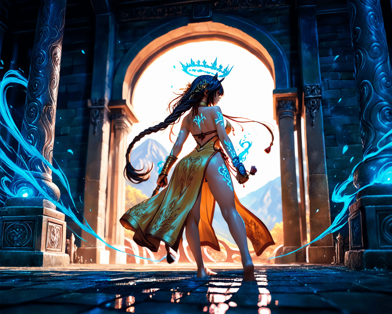 AI generated wallpaper featuring fantasy woman, angelic figure, magical warrior