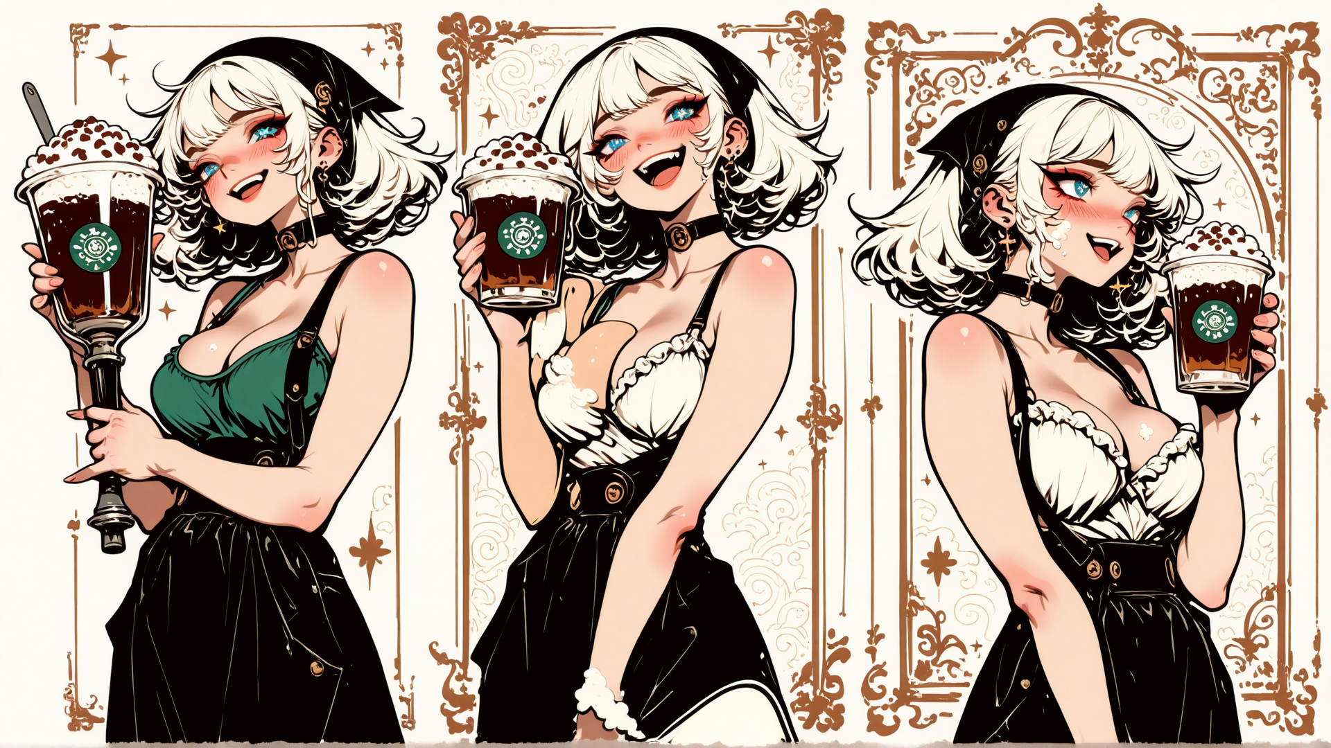 AI generated wallpaper featuring woman, coffee, cup, dress, overalls, cupcake