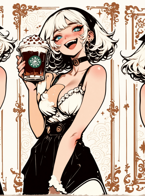 woman, coffee, cup, dress, overalls, cupcake