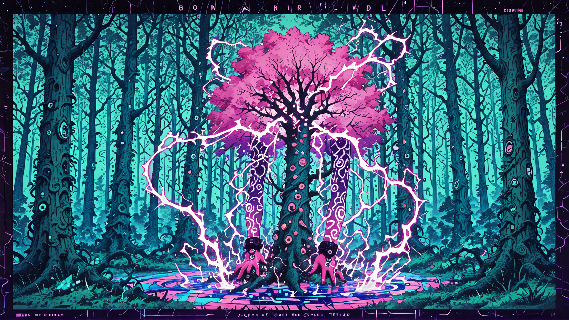 AI generated wallpaper featuring tree, forest, characters, lightning, circuit, surreal