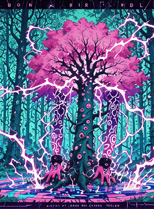 tree, forest, characters, lightning, circuit, surreal