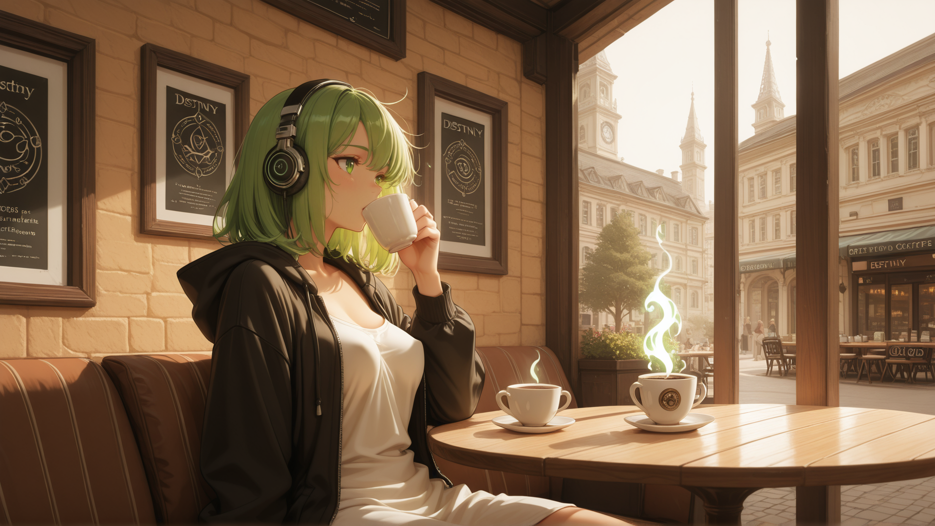 AI generated wallpaper featuring anime girl, coffee cup, headphones, cafe, window