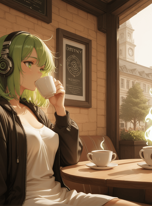 anime girl, coffee cup, headphones, cafe, window