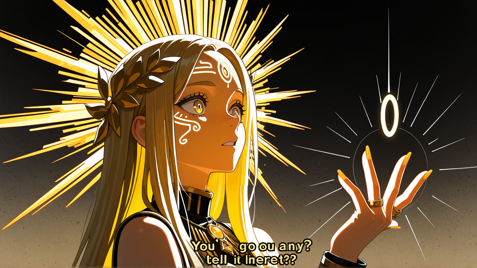 AI generated wallpaper featuring woman, goddess, hand, crown, sun rays