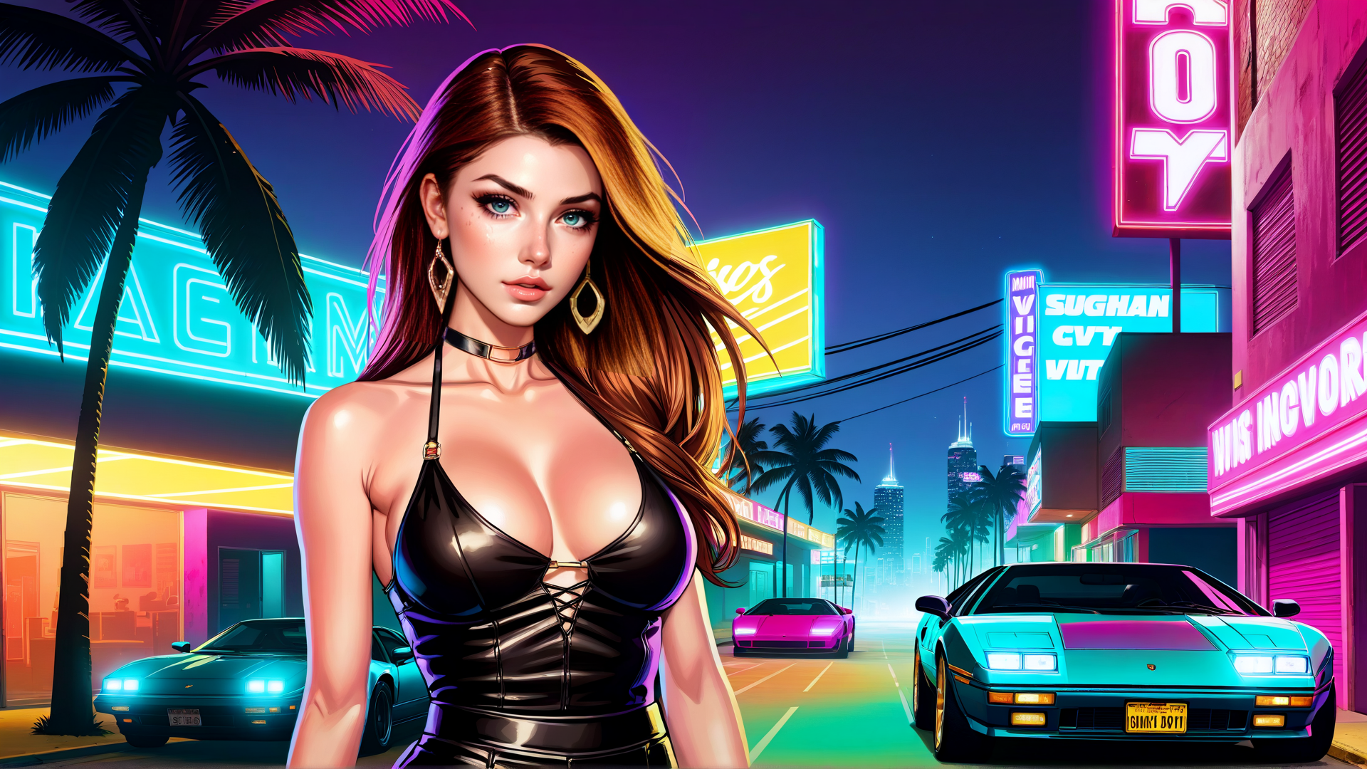 AI generated wallpaper featuring woman, neon, car