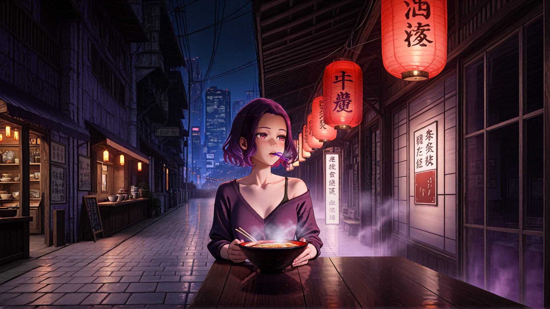 AI generated wallpaper featuring woman, noodle, lantern, street, building, chopsticks, bowl, cityscape, signboard, steam