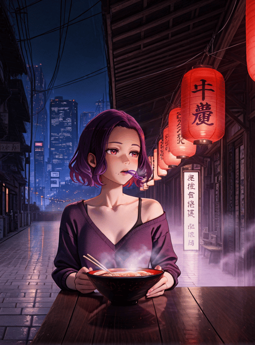 woman, noodle, lantern, street, building, chopsticks, bowl, cityscape, signboard, steam
