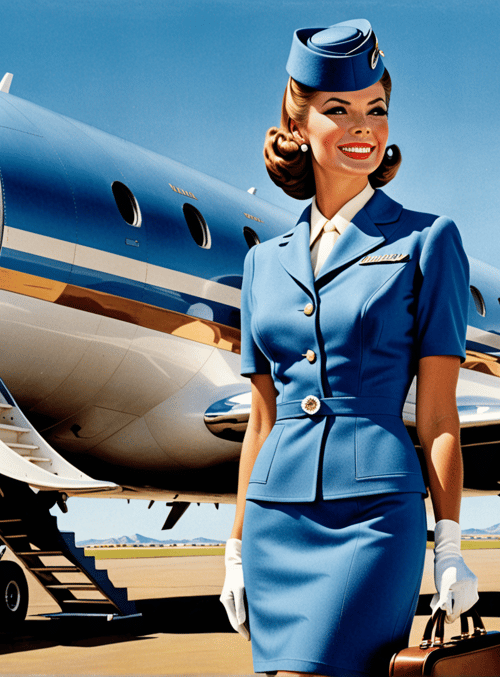 flight attendant, airplane, staircase, gloves, suitcase