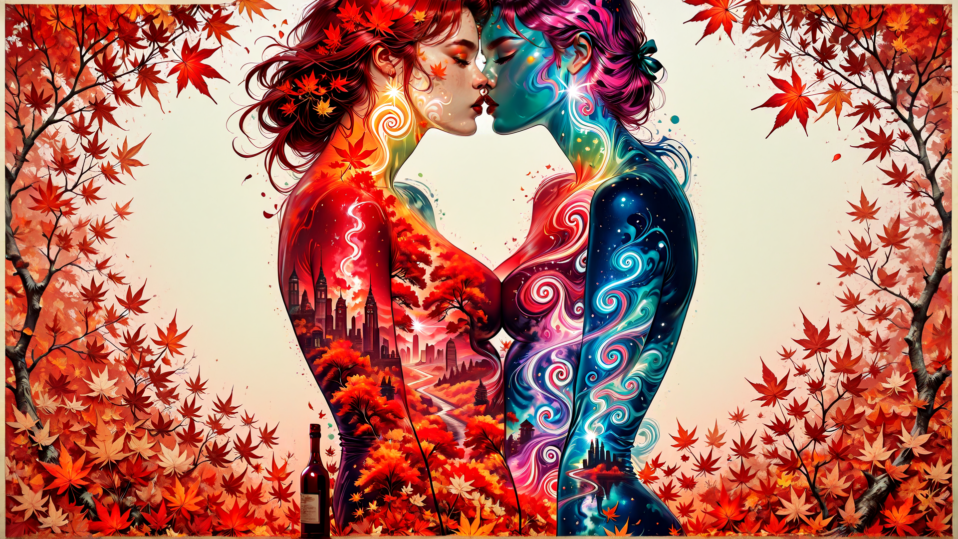 AI generated wallpaper featuring women, maple leaves, cityscape, bottle, nature
