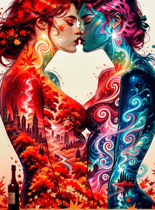 women, maple leaves, cityscape, bottle, nature